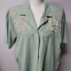 Teddi Vintage Blouse‎ Shirt Green Lightweight Shoulder Pads Womens Large Granny
